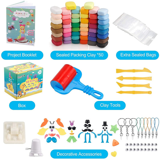 Modeling Clay Kit - 50 Colors Air Dry Ultra Light Clay, Safe & Non-Toxic DIY Magic Clay with Tools, Project Booklet, Accessories, Great Gift for Kids.