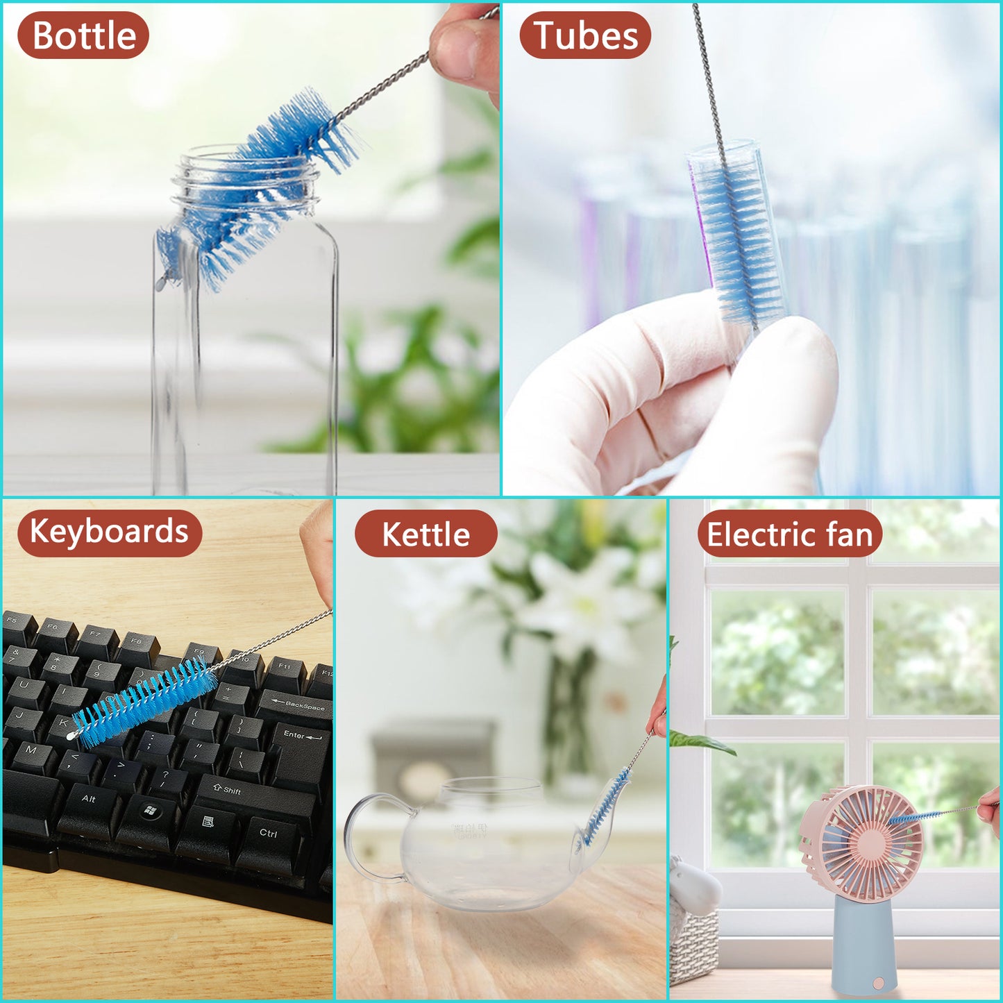 Bottle Cleaning Brushes, 8 Inch Nylon Tube Brush Set, Cleaner for Narrow Neck Bottles Cups with Hook, Set of 10pcs (Blue)