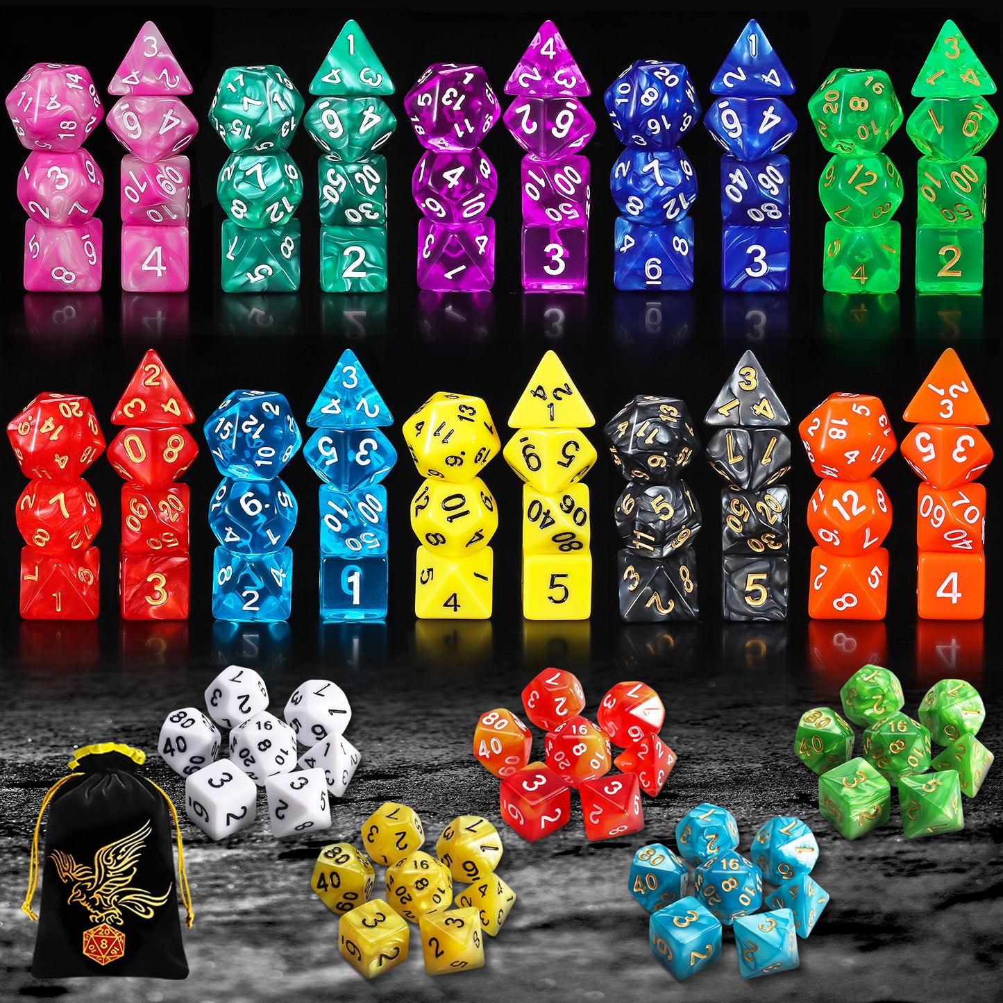CiaraQ DND Dice Set 15 X 7 Polyhedral Dice (105pcs) with 1 Large Flannel Bag,for Dungeons and Dragons RPG MTG Table Games