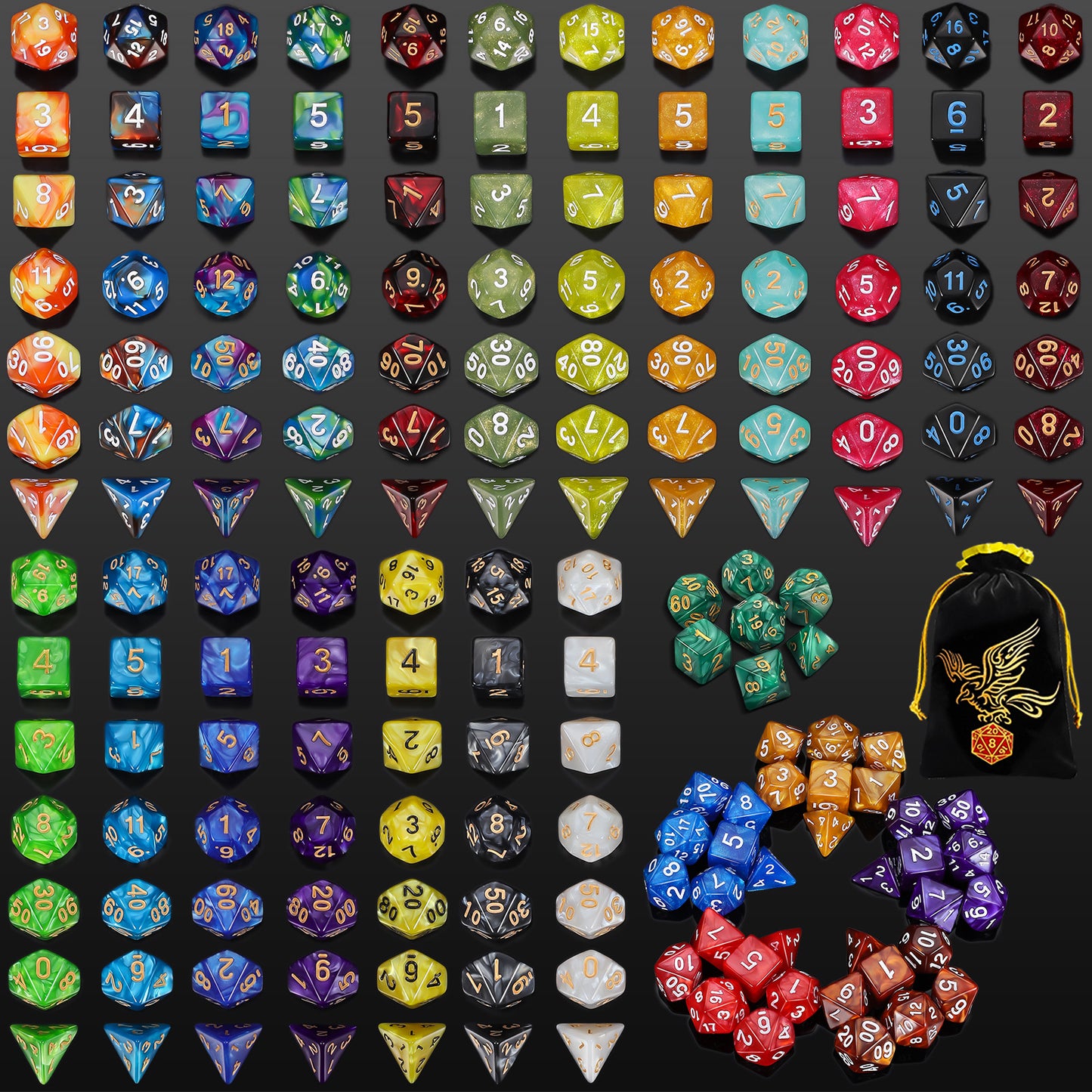 CiaraQ DND Dice Set 25 X7 Polyhedral Dice (175 PCS), 1 Large Flannel Bag, Suitable for Dungeons and Dragons D&D RPG MTG Table Games, Suitable for Over 14 Years Old