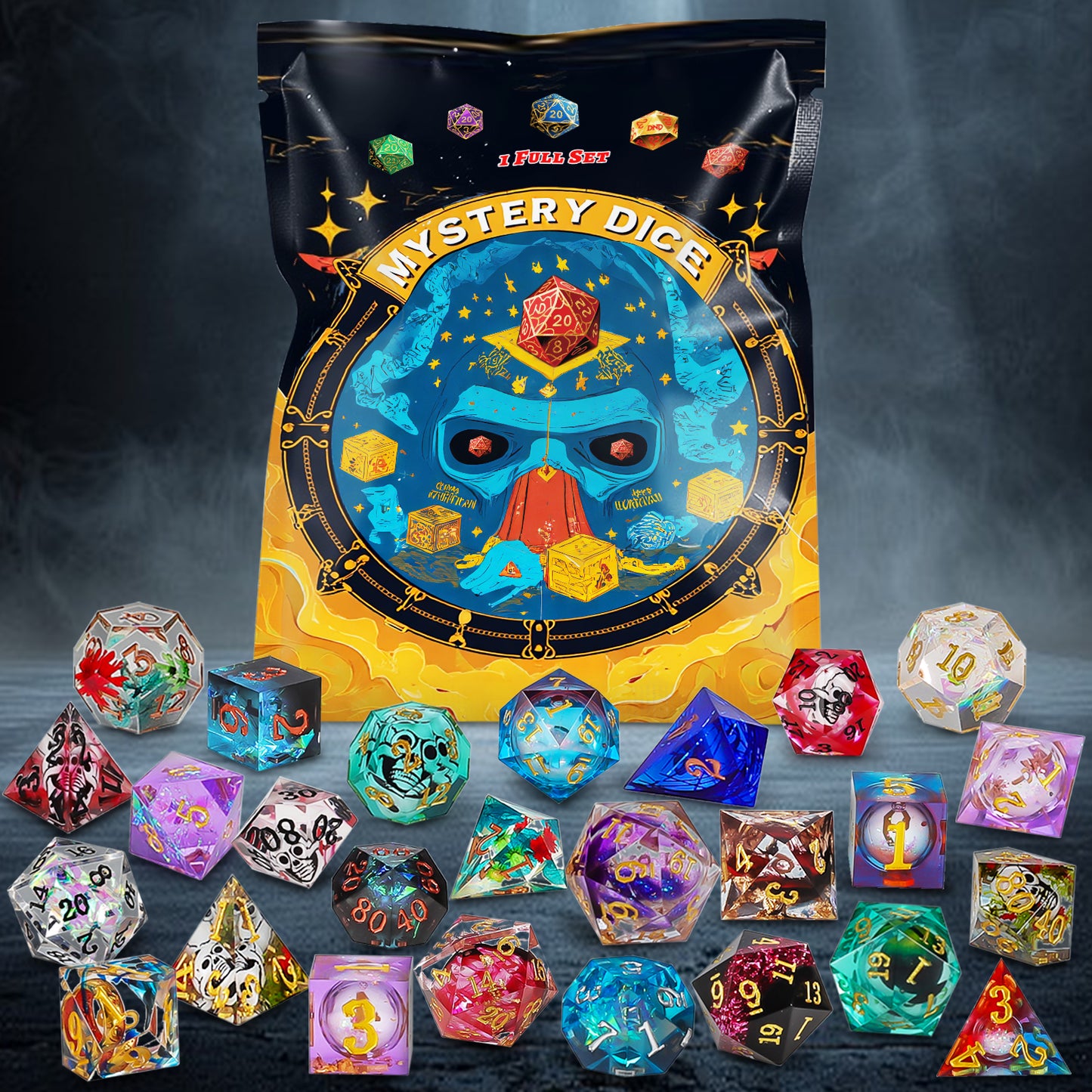 CiaraQ Resin Mystery Dice Set, 7 Pcs Handmade Sharp Edge Polyhedral Dice, Random Various Styles DND Dice & Dice Bag, DND Gifts
