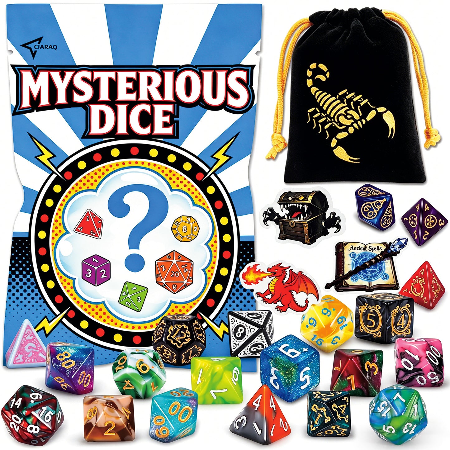 CiaraQ DND Mystery Dice Set- 7 Random Polygon RPG Dice, 3 Stickers and Velvet Bags-1 in 10 Chance of Receiving a Dice Blind Box DND Gift for TTRPG Players