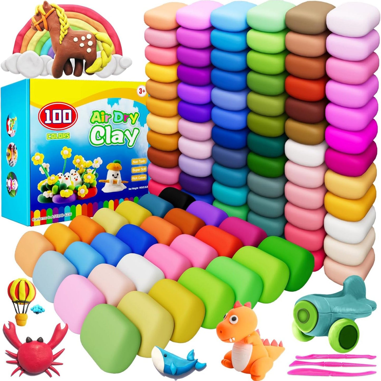 CiaraQ Air Dry Clay 100 Colors, DIY Model Magic Clay, with Sculpting Tools, Soft and Non-Sticky, Gift for Boys Girls Age 3+ Years Old