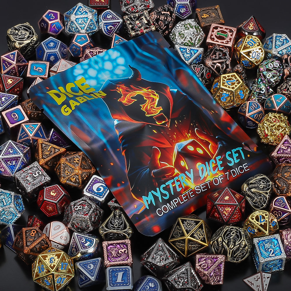 CiaraQ Mystery Metal DND Dice Set – 7pc Blind Bag with Random Class & Funny DND Stickers – Metal Role Playing Dice for Dungeons and Dragons