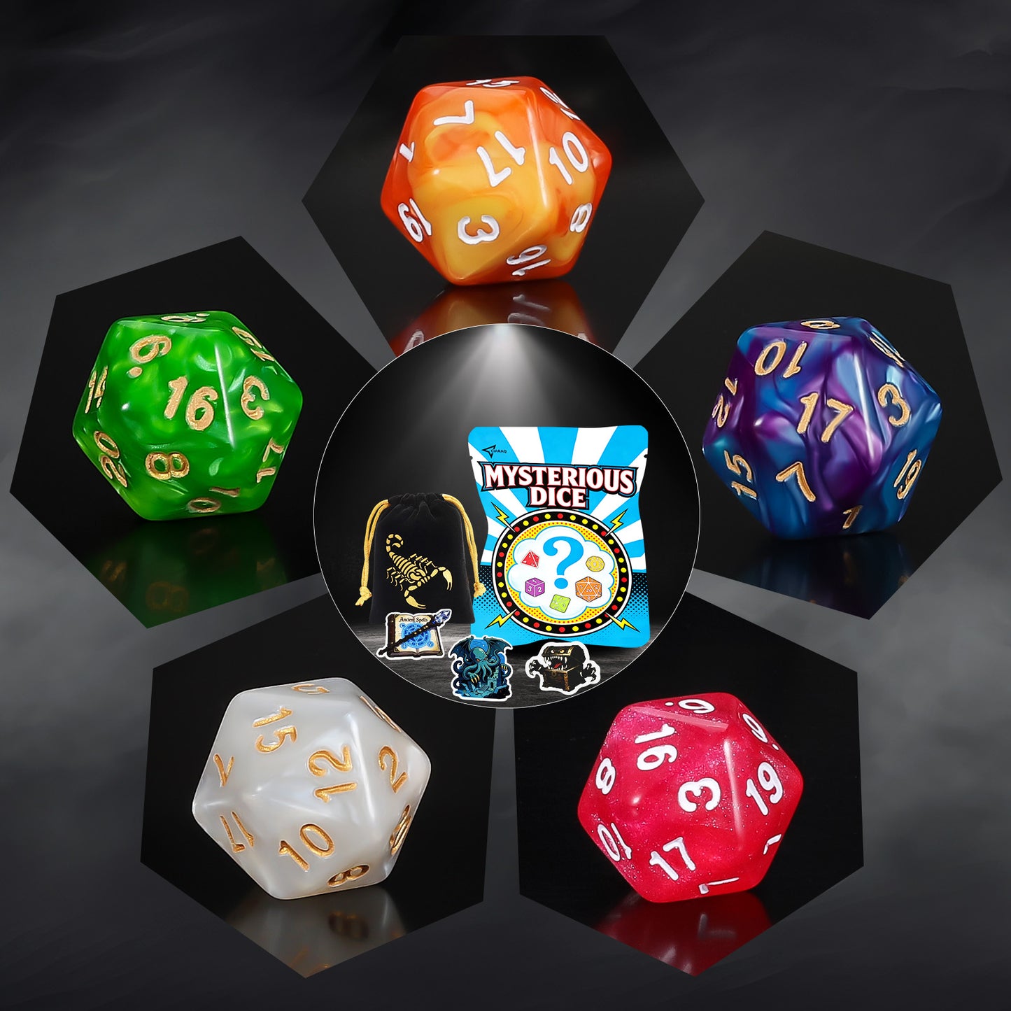 CiaraQ DND Mystery Dice Set- 7 Random Polygon RPG Dice, 3 Stickers and Velvet Bags-1 in 10 Chance of Receiving a Dice Blind Box DND Gift for TTRPG Players
