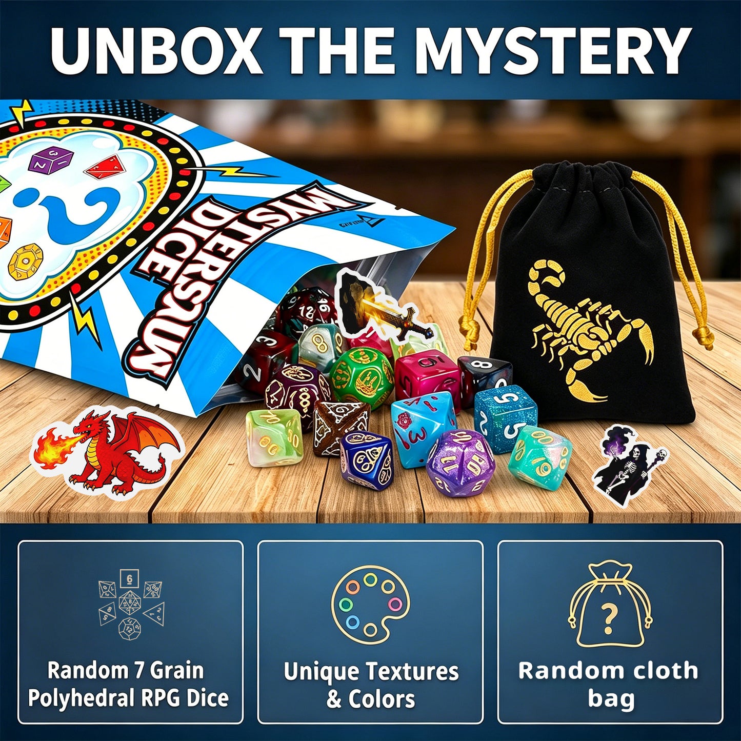CiaraQ DND Mystery Dice Set- 7 Random Polygon RPG Dice, 3 Stickers and Velvet Bags-1 in 10 Chance of Receiving a Dice Blind Box DND Gift for TTRPG Players