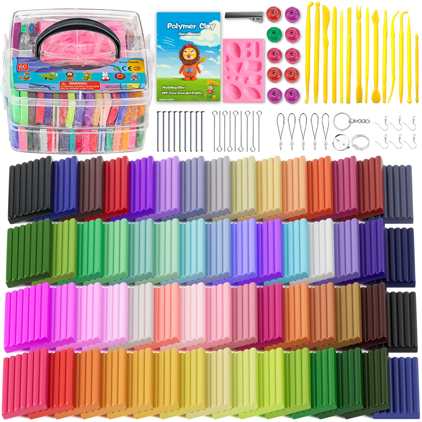 CiaraQ Polymer Clay with Sculpting Tools, 60 Colors Oven Bake Modeling Clay for Kids and Beginners