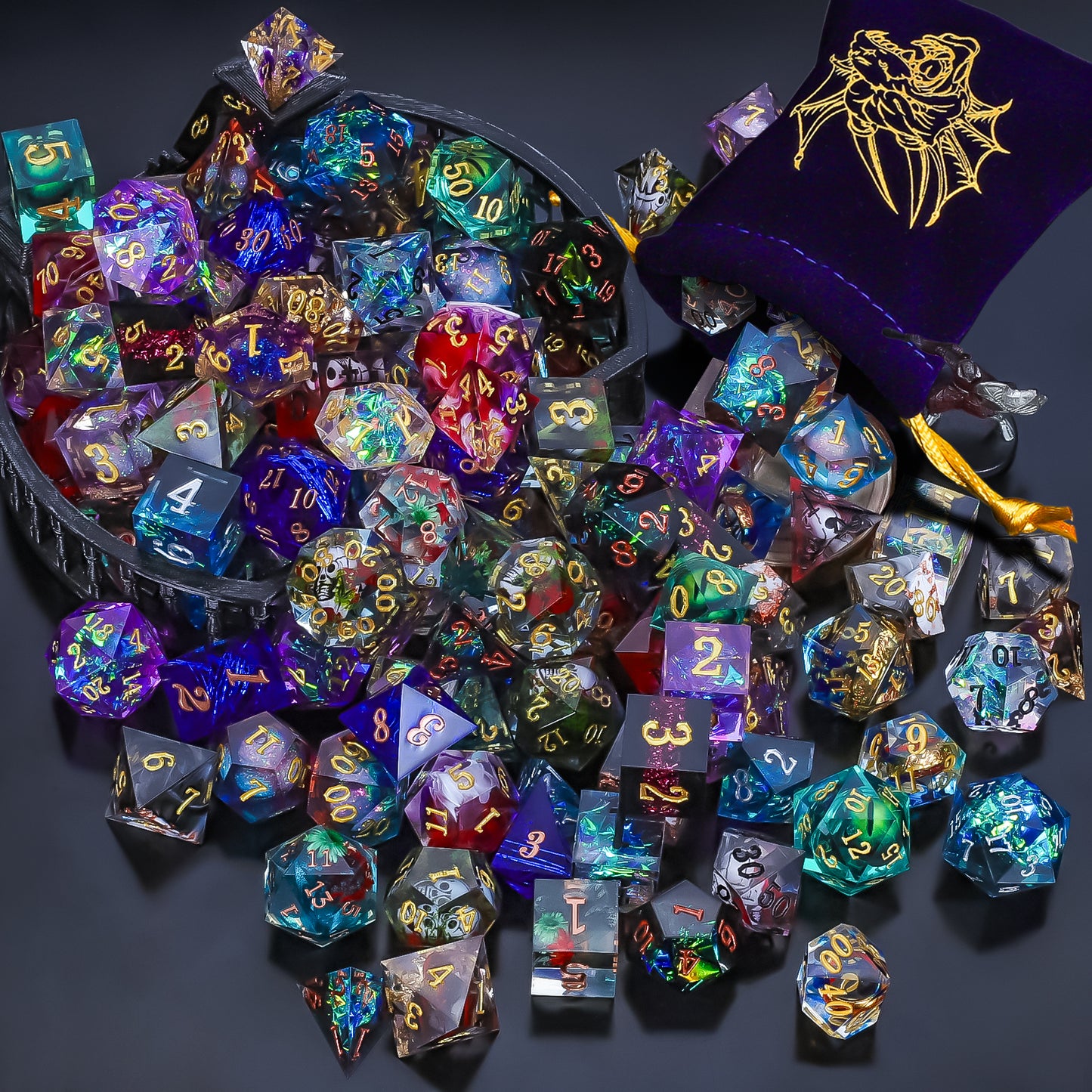 CiaraQ Resin Mystery Dice Set, 7 Pcs Handmade Sharp Edge Polyhedral Dice, Random Various Styles DND Dice & Dice Bag, DND Gifts
