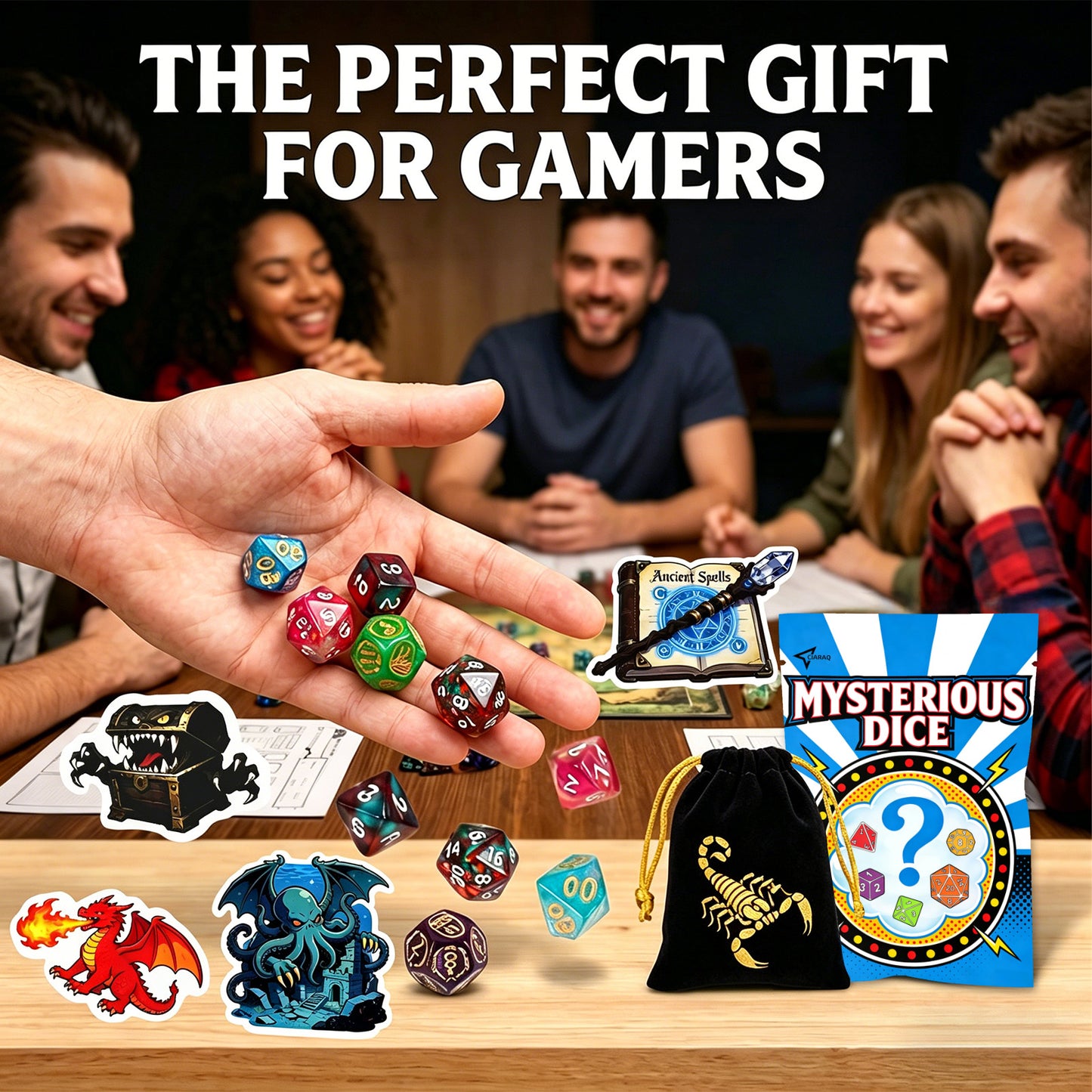 CiaraQ DND Mystery Dice Set- 7 Random Polygon RPG Dice, 3 Stickers and Velvet Bags-1 in 10 Chance of Receiving a Dice Blind Box DND Gift for TTRPG Players