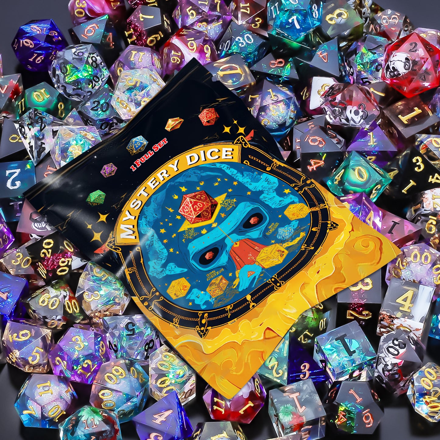 CiaraQ Resin Mystery Dice Set, 7 Pcs Handmade Sharp Edge Polyhedral Dice, Random Various Styles DND Dice & Dice Bag, DND Gifts