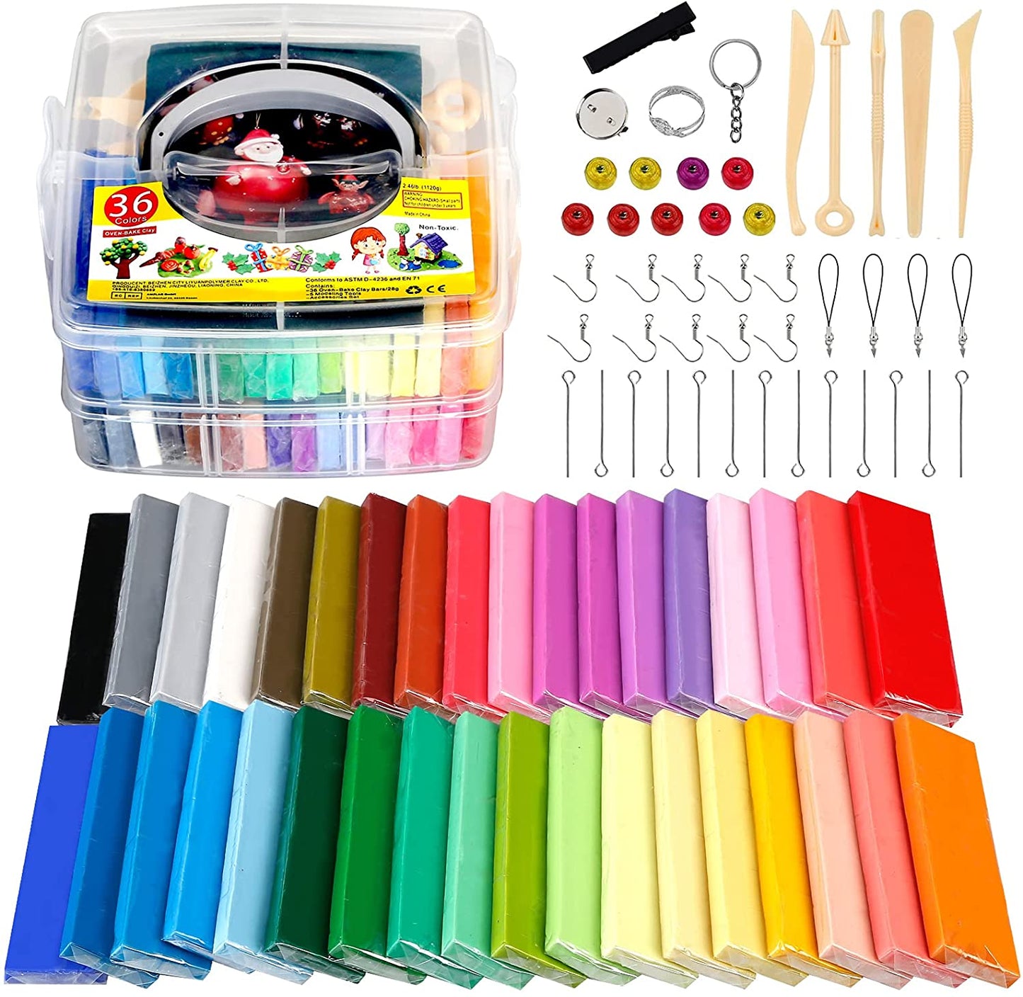 Polymer Clay Starter Kit, CiaraQ 36 Colors Oven Bake Modeling Clay, DIY Craft Clay with 5 Sculpting Tools, Accessories and Storage Box.