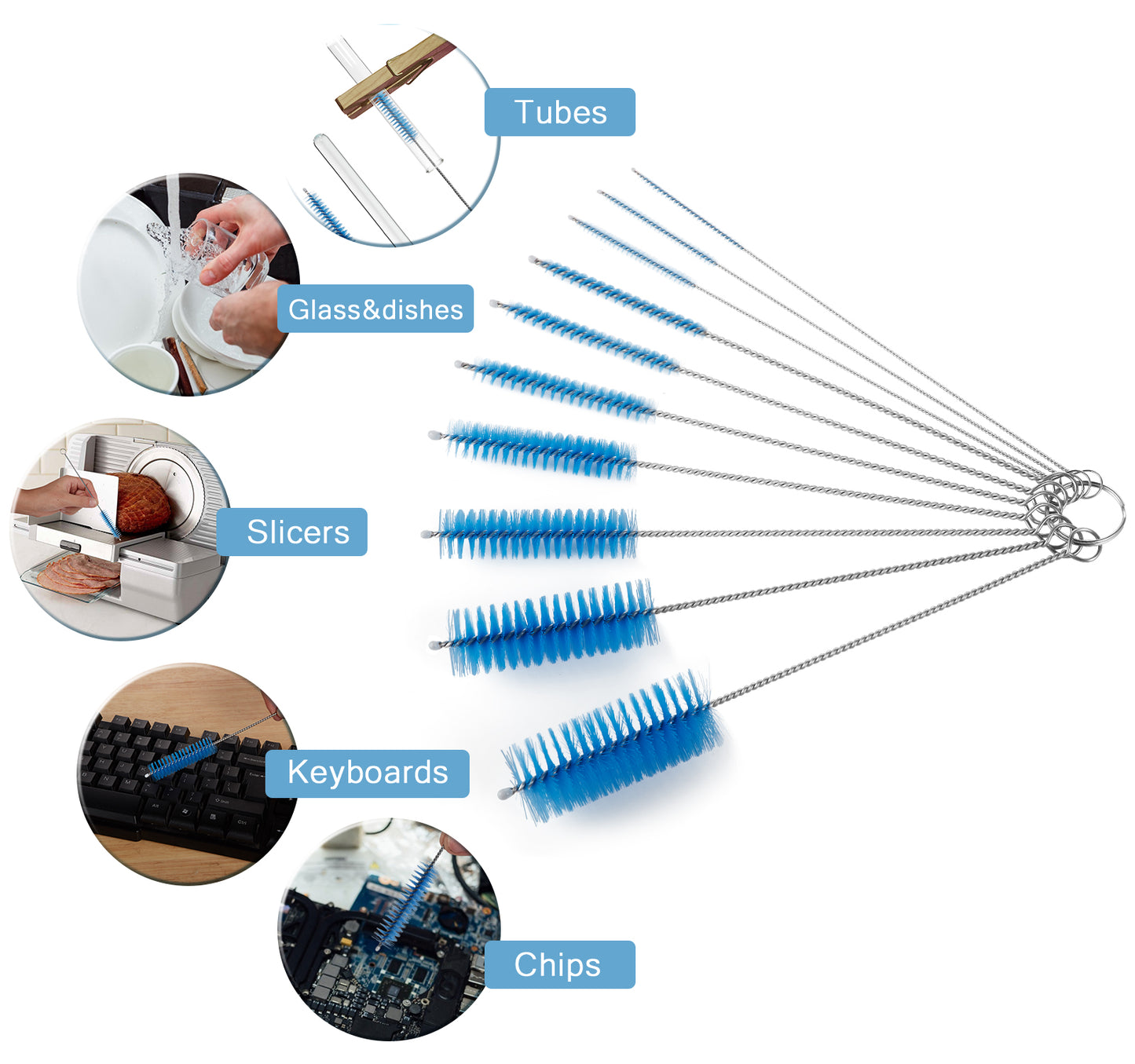 Bottle Cleaning Brushes, 8 Inch Nylon Tube Brush Set, Cleaner for Narrow Neck Bottles Cups with Hook, Set of 10pcs (Blue)