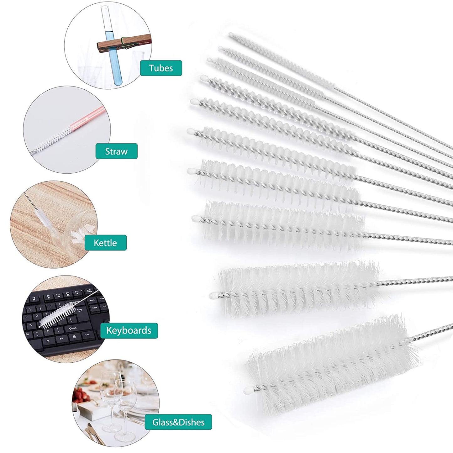 Bottle Cleaning Brushes, 8 Inch Nylon Tube Brush Set, Cleaner for Narrow Neck Bottles Cups with Hook, Set of 10pcs.