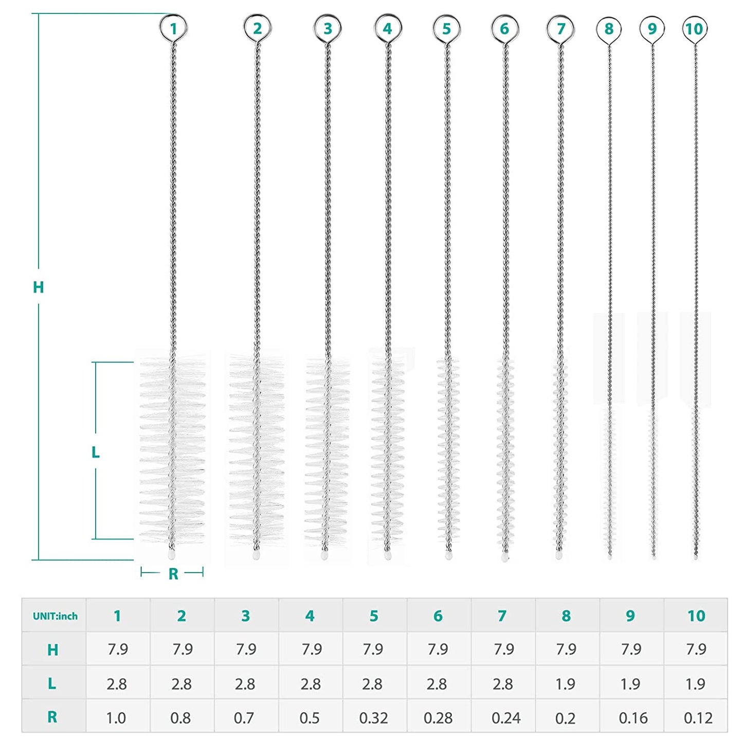 Bottle Cleaning Brushes, 8 Inch Nylon Tube Brush Set, Cleaner for Narrow Neck Bottles Cups with Hook, Set of 10pcs.