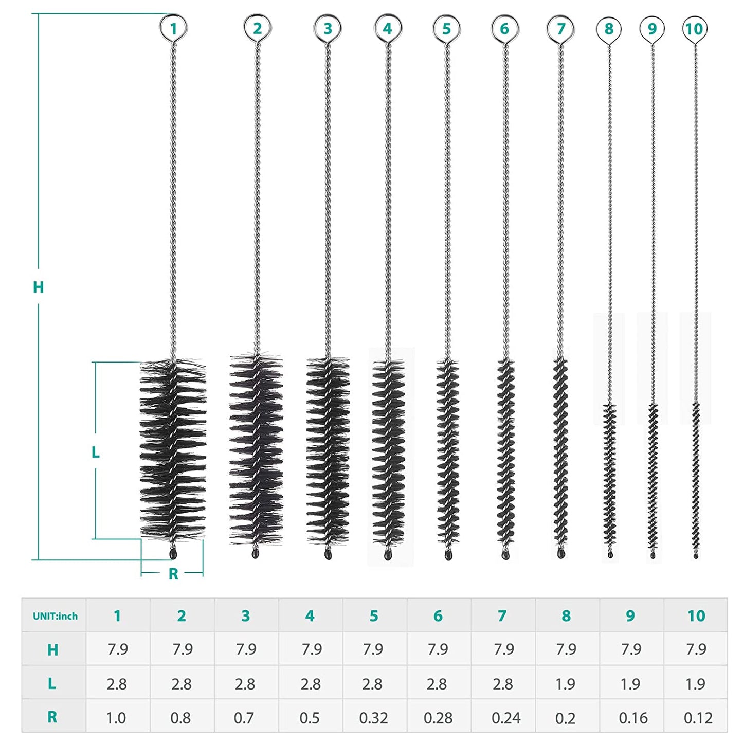Bottle Cleaning Brushes, 8 Inch Nylon Tube Brush Set, Cleaner for Narrow Neck Bottles Cups with Hook, Set of 10pcs
