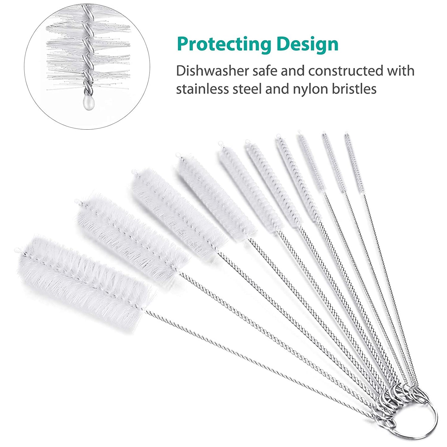 Bottle Cleaning Brushes, 8 Inch Nylon Tube Brush Set, Cleaner for Narrow Neck Bottles Cups with Hook, Set of 10pcs.
