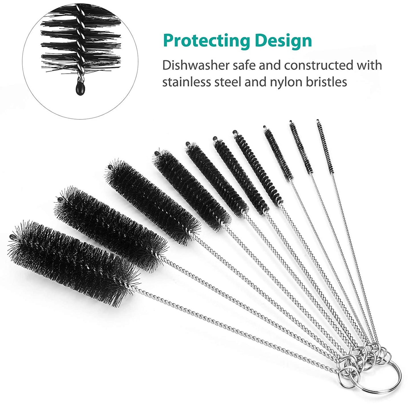 Bottle Cleaning Brushes, 8 Inch Nylon Tube Brush Set, Cleaner for Narrow Neck Bottles Cups with Hook, Set of 10pcs