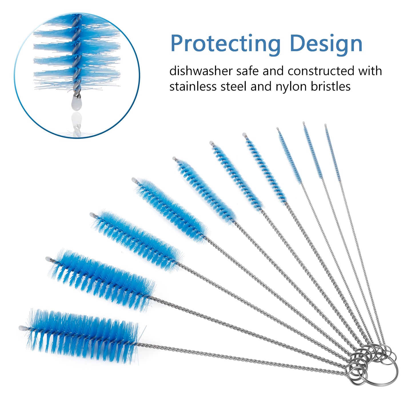 Bottle Cleaning Brushes, 8 Inch Nylon Tube Brush Set, Cleaner for Narrow Neck Bottles Cups with Hook, Set of 10pcs (Blue)