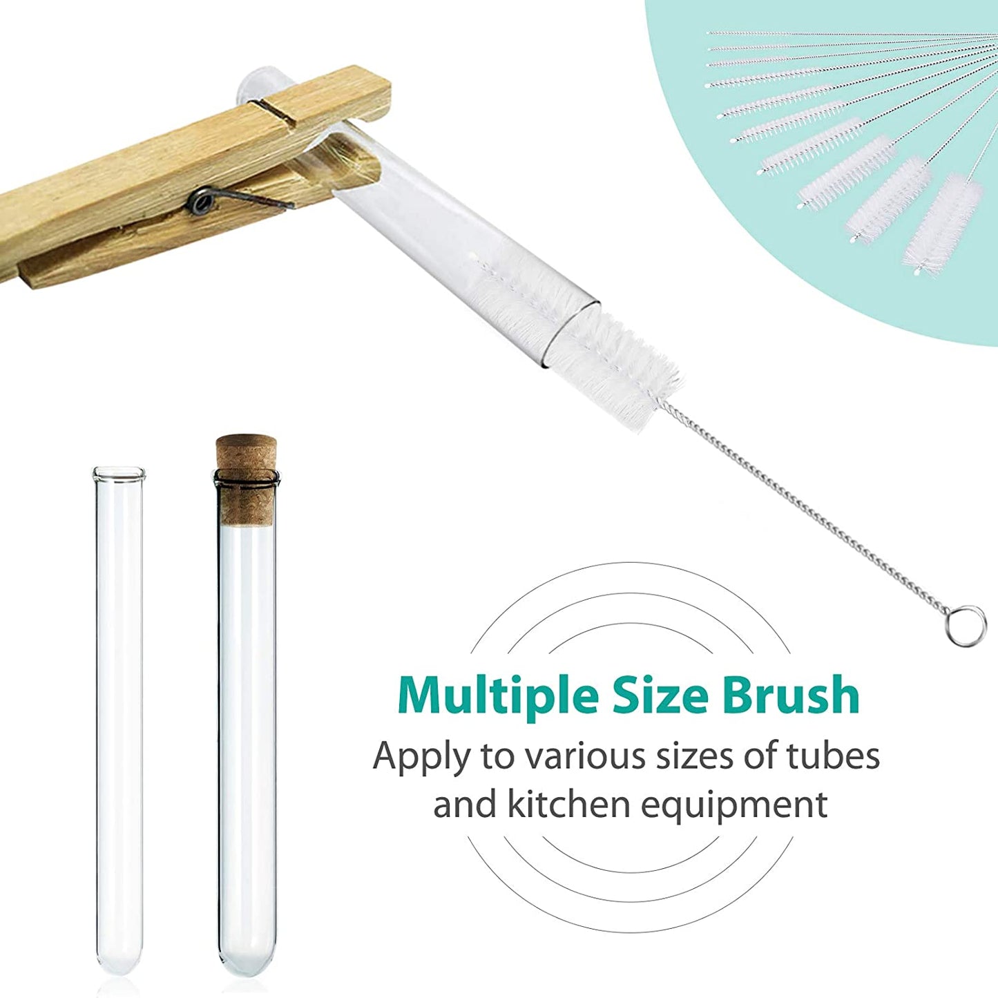 Bottle Cleaning Brushes, 8 Inch Nylon Tube Brush Set, Cleaner for Narrow Neck Bottles Cups with Hook, Set of 10pcs.