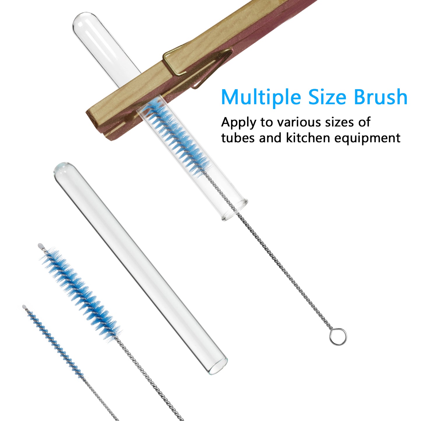 Bottle Cleaning Brushes, 8 Inch Nylon Tube Brush Set, Cleaner for Narrow Neck Bottles Cups with Hook, Set of 10pcs (Blue)
