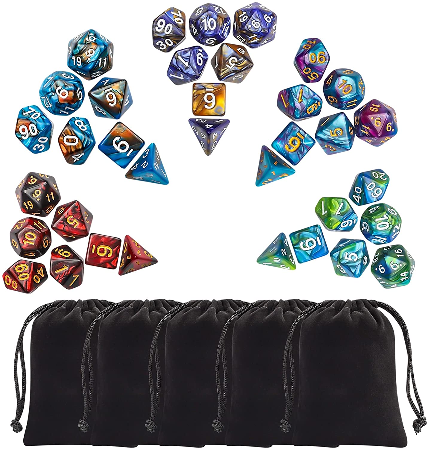 CiaraQ Polyhedral Dice Set (35 Pieces) with Black Pouches, 5 Complete Double-Colors Dice Sets of D4 D6 D8 D10 D% D12 D20 Compatible with Dungeons and Dragons DND RPG MTG Table Games